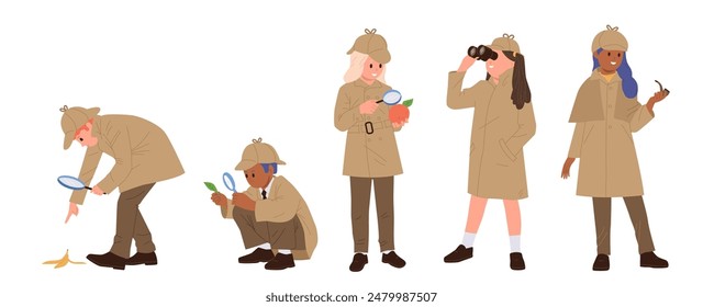 Smart children detectives cartoon characters wearing cute hat and coat isolated set on white