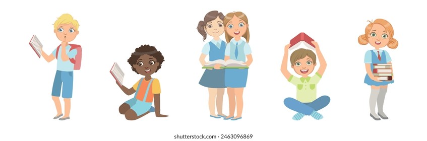 Smart Children Reading Book Study and Learning Vector Set