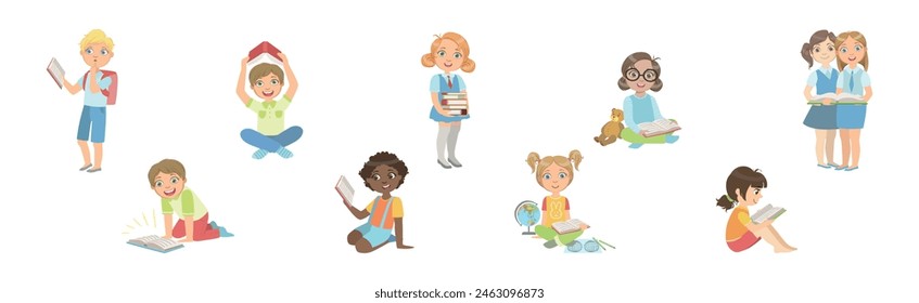 Smart Children Reading Book Study and Learning Vector Set