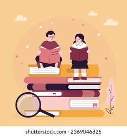 Smart children sit and read on huge pile of books. School education and knowledge concept. Happy kids, school nerds reading book. Library, homeschooling. Colorful flat cartoon vector illustration