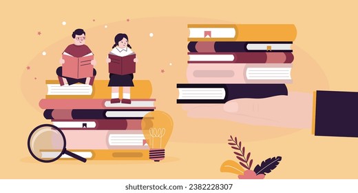 Smart children sit and read on huge pile of books. School education and knowledge concept. Bookworm kids, school nerds reading book. Students reading books. Teacher or father hand give new books.