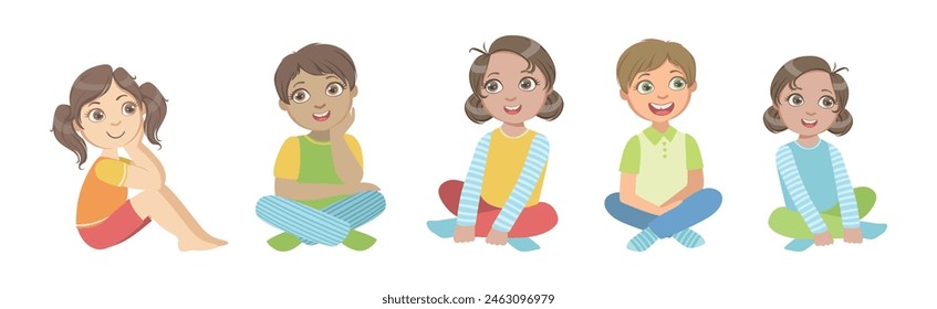 Smart Children Sitting on the Floor and Listening to Story Vector Set