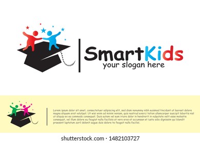 Smart children's logos, happy kids at school with their achievements.