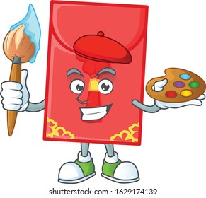 Smart chinese envelope painter mascot icon with brush