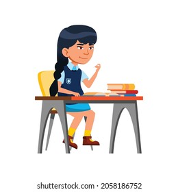 smart chinese girl sitting at desk with books studying at school cartoon vector. smart chinese girl sitting at desk with books studying at school character. isolated flat cartoon illustration