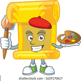 Smart chinese gold scroll painter mascot icon with brush