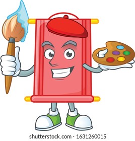 Smart chinese red scroll painter mascot icon with brush