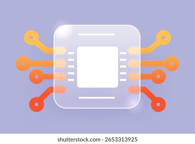 Chip inteligente con icono de morfismo de vidrio de microcircuitos. signo de procesador de Vector