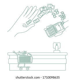 Smart chip and payment terminal thin line concept vector illustration. Contactless currency transaction, people with e-money 2D cartoon character for web design. Implant in human hand creative idea