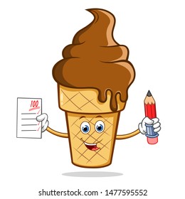 Smart Chocolate Ice Cream Cone Flavor Cartoon Mascot Character With Holding a Paper and Pencil.