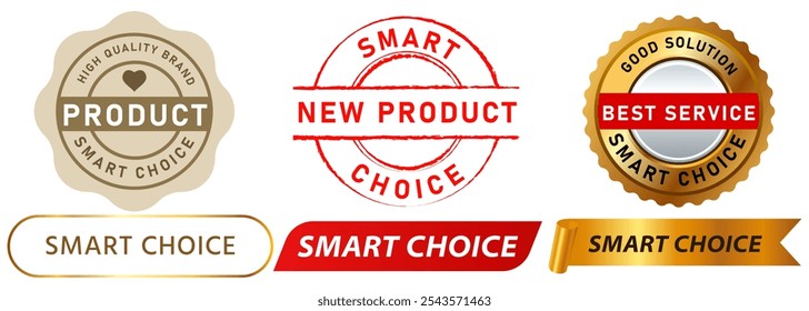 Smart choice stamp colorful badge decision service product shop market offer service recommendation recommended special guarantee emblem sticker seal ribbon medal design icon set collection