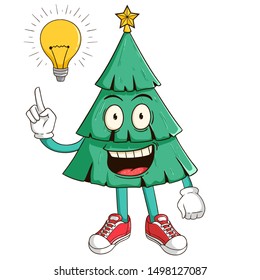 A smart christmas tree cartoon character get an idea with funny smile face