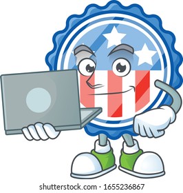 A smart circle badges USA with star mascot icon working with laptop