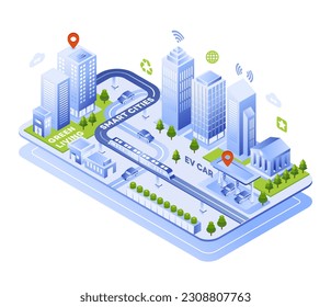 Ilustración de la innovación empresarial en ciudades inteligentes con edificios 3d, tren de alta velocidad y vida verde