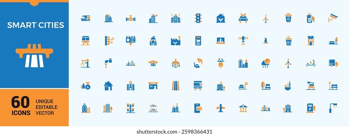 Smart Cities colorful solid icons. Included technology, city, environment, smart, urban, infrastructure and more. Icons for UI. Building icon. Conceptual pictogram and infographic.