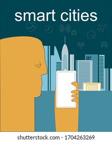 Smart cities concept.Hand holding smart phone.