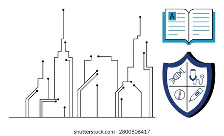 Smart cities, digital health, cybersecurity, education, technology, futuristic concepts. Circuit-rendered skyline, shield with medical icons and open book. Smart cities and digital health
