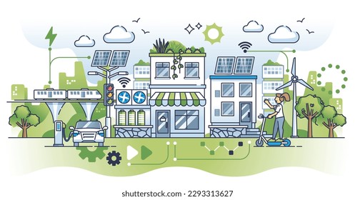 Smart cities environment and sustainable urban development outline concept. Environmental residential area with lush rooftop gardens, alternative electricity powered infrastructure vector illustration