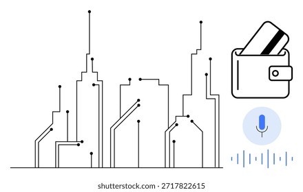 Ciudades inteligentes, fintech, pagos digitales, tecnología de voz, IoT, transacciones sin efectivo. Arte lineal minimalista de paisaje urbano, billetera y micrófono. Las ciudades inteligentes y las fintech se fusionan con la tecnología