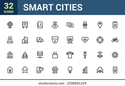 Smart cities icon set. Collection modern infographic logo and pictogram. Pixel perfect, minimalistic web and UI icon. Outline icon collections.