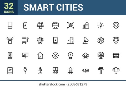 Smart cities icon set. Collection modern infographic logo and pictogram. Pixel perfect, minimalistic web and UI icon. Outline icon collections.