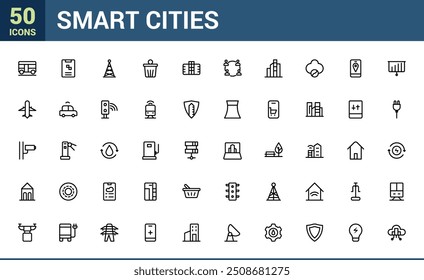 Conjunto de ícones de cidades inteligentes. Coleção logotipo infográfico moderno e pictograma. Pixel perfeito, minimalista web e ícone UI. Contornar coleções de ícones.