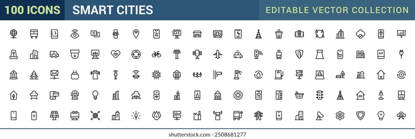 Smart cities icon set. Collection modern infographic logo and pictogram. Pixel perfect, minimalistic web and UI icon. Outline icon collections.