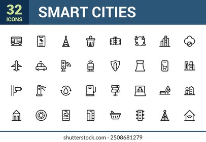 Smart cities icon set. Collection modern infographic logo and pictogram. Pixel perfect, minimalistic web and UI icon. Outline icon collections.