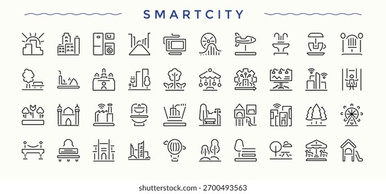 Conjunto de iconos de Smart Cities. Iconos de inicio para la aplicación. Signo y Símbolo. Conjunto de iconos inteligentes. Colecciones de trazo editables.