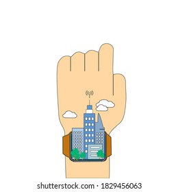 Smart cities and smart technology  background.Hand and smart watch.