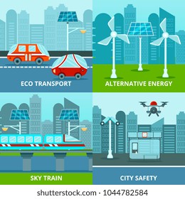 Smart city 2x2 design concept with flat images of alternative energy sources and electric transport vehicles vector illustration