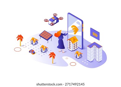 Concepto isométrico 3d de ciudad inteligente con diseño de personas de isometría para Web. Mujer que vive en la ciudad con infraestructura urbana y suburbio, sistema de automatización inteligente y conexión inalámbrica. Ilustración vectorial.
