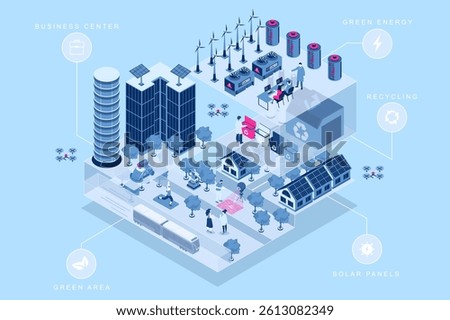 Smart city 3d isometric concept for web design. People in isometry rooms living in residential zone with solar panels and green area, using eco energy, work in business center. Vector illustration.