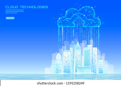 Smart City 3D Light Cloud Computing Cityscape. Intelligent Building Big Data Exchange Storage Online Futuristic Business Concept Future Technology. Urban Banner Vector Illustration