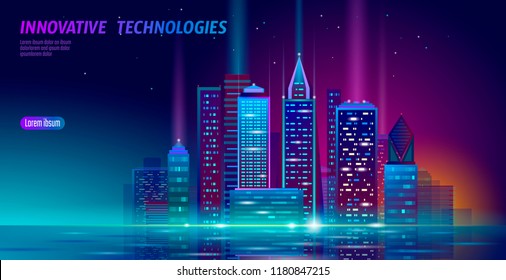 Cidade inteligente 3D neon brilhante paisagem urbana. Conceito de negócios futurista de automação de construção inteligente. Web online cor vívida cyberpunk retrowave. Ilustração vetorial de banner de tecnologia urbana