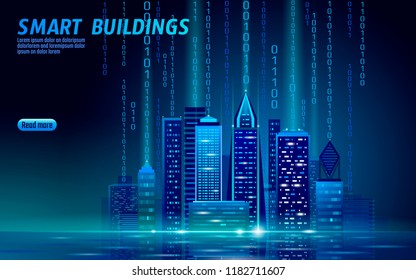 Smart city 3D neon glowing cityscape. Intelligent building automation night futuristic business concept. Web online blue color future technology. Urban banner vector illustration