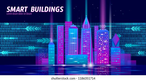 Smart city 3D neon glowing cityscape. Intelligent building automation night futuristic business concept. Web online vivid color cyberpunk retrowave. Urban technology banner vector illustration