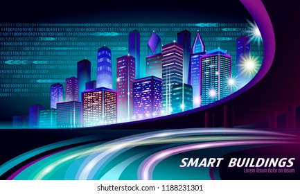 Smart city 3D neon glowing cityscape. Intelligent building automation night futuristic business concept. Web online vivid color cyberpunk retrowave. Urban technology banner vector illustration