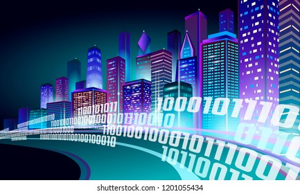 Smart city 3D neon glowing cityscape. Intelligent building highway route night futuristic business concept. Web online vivid color cyberpunk retrowave. Urban technology banner vector illustration