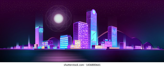 Smart city 3D neon glowing cityscape. Intelligent building automation night futuristic business concept. Urban technology banner vector illustration - Векторная иллюстрация