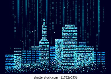 Smart city 3D spotted dots. Intelligent building automation system business concept. Web online computer binary code. Architecture urban cityscape technology sketch banner vector illustration