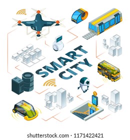 Smart city 3d. Urban future technologies smart buildings and safety vehicle drones cars delivery transport vector isometric pictures. Illustration of smart city, future cityscape infrastructure