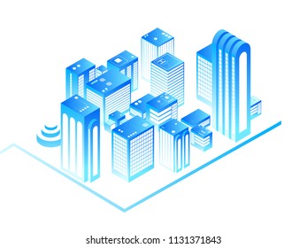 Smart city. 3d urban map with residential isometric buildings. New house technology and augmented reality vector concept. Residential building architecture, cityscape project illustration