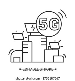 Smart City 5g Icon. Linear Pictogram Of Urban Network Data Connections With New Generation Wireless Transmission. Concept Of Small Cell Technology. Editable Stroke Vector Linear Illustration