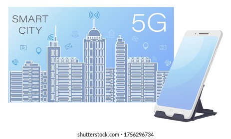 CIUDAD INTELIGENTE. Red inalámbrica 5G y concepto de ciudad inteligente. Cielo y rascacielos de una metrópolis moderna 
