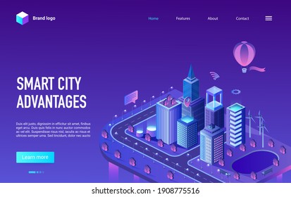 Smart city advantage isometric vector illustration. Cartoon 3d cityscape infrastructure of futuristic technology with skyscrapers buildings, modern digital future tech innovation neon landing page