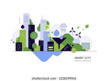 Smart city and alternative energy sources. Modern flat illustration. Vector file.