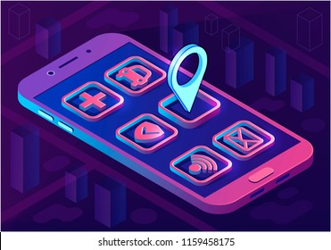 Smart city app isometric architecture concept. Web banner with application icons. Futuristic 3d city smartphone app map with pinpoint. Internet of things. Isolated vector illustration