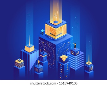 Smart city architecture isometric illustration. Men and women work in cyberspace 3D cartoon characters. Futuristic technology, server farm dark blue concept. Digital network, virtual database metaphor