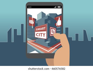 Smart city and augmented reality concept with hand holding smartphone